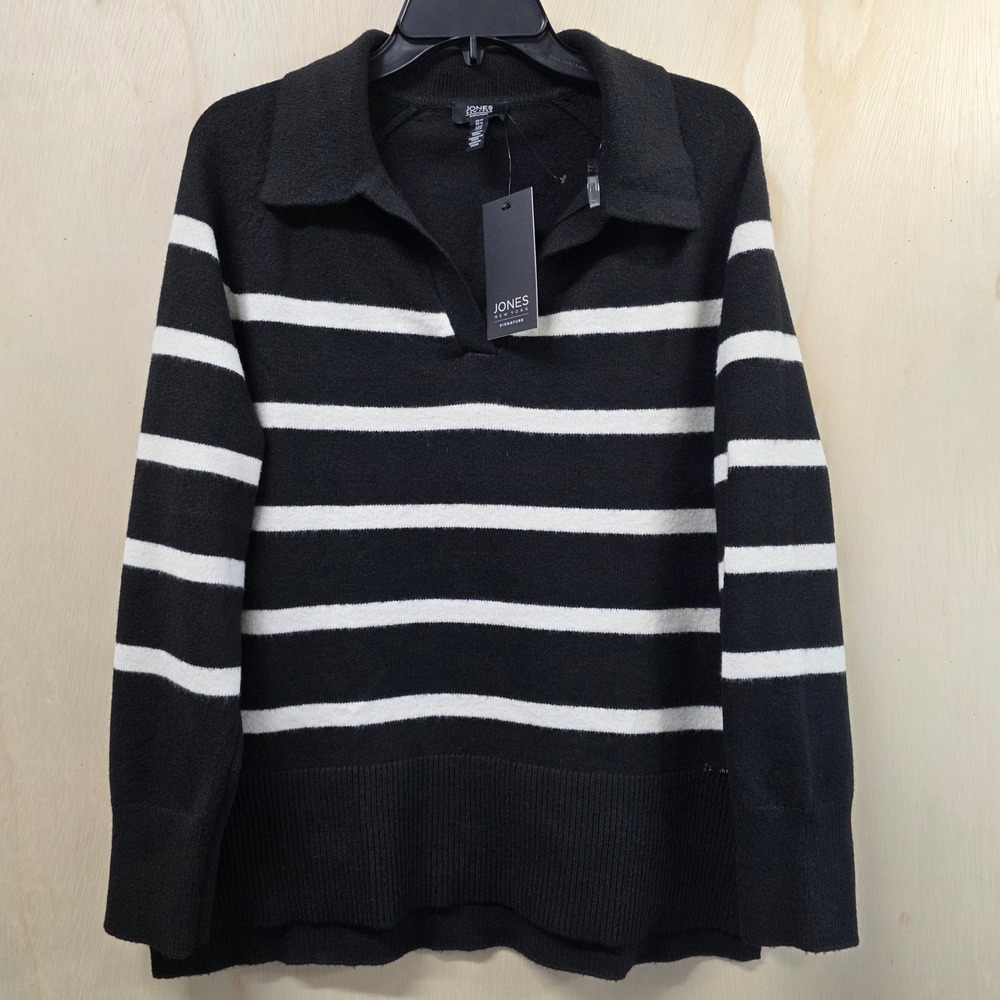Jones New York Signature Striped Polo Sweater Black White Size M New